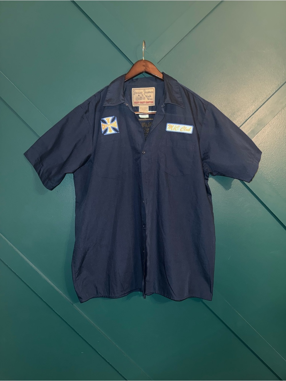 VINTAGE WEST COAST CHOPPERS MOTORCYCLE JESSE JAMES NAVY WORK WEAR SHIRT SZ XL